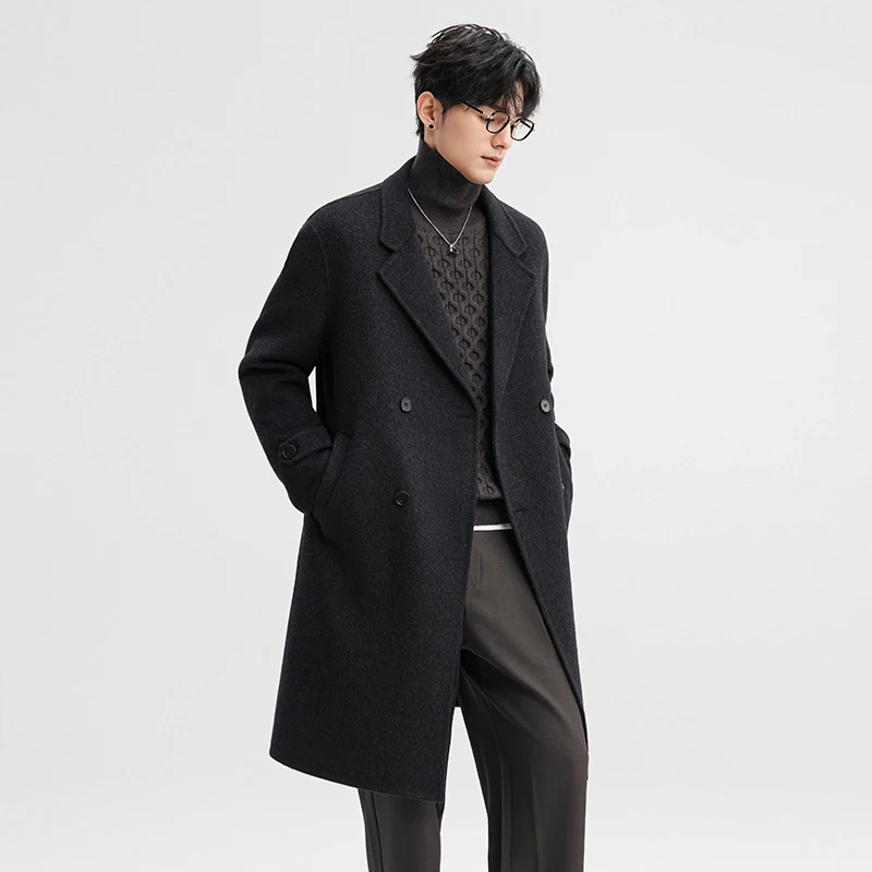 Gentle Men Elegant Cashmere Overcoat Gray Brown Sort Warm Woolen Basic Coat Back Split Double Breasted Design Topcoat Luxury