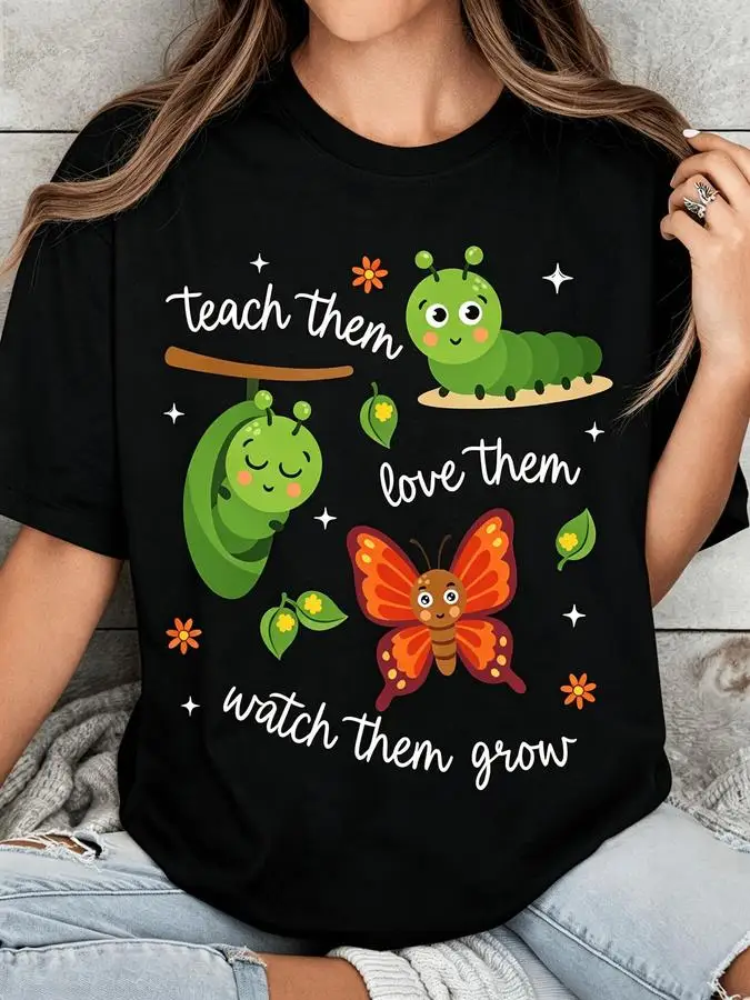 Teach Them Love Them Watch Them Grow T Shirt Women Cute Caterpillar Butterfly Graphic Tees Preschool Teacher Appreciation Gift Black Short Sleeve Top School Outfits