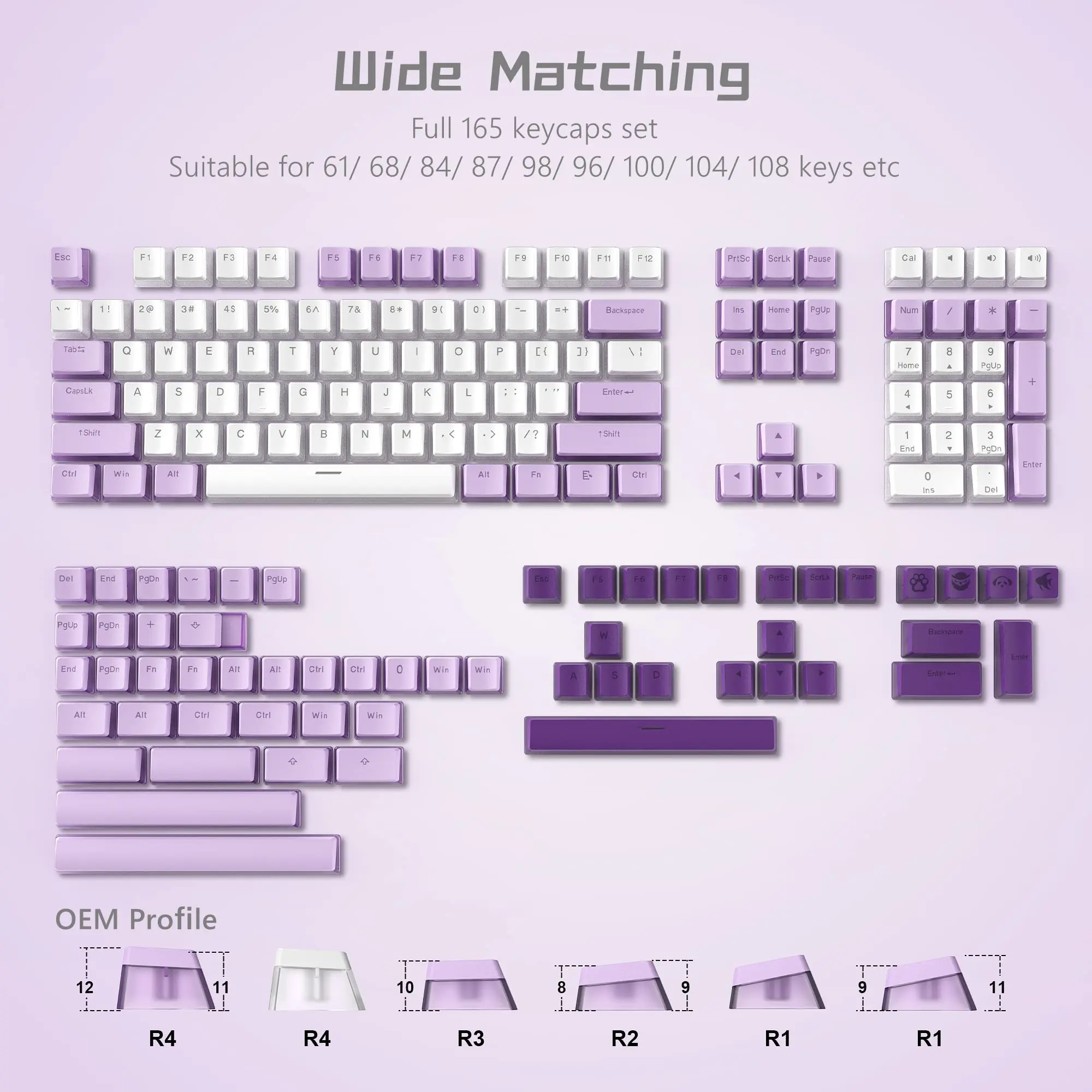 165 Key Pudding PBT Keycaps Full Set Purple OEM Profile Double Shot Japaness Keycap for 100% Anne Pro 2 Mechanical Keyboard