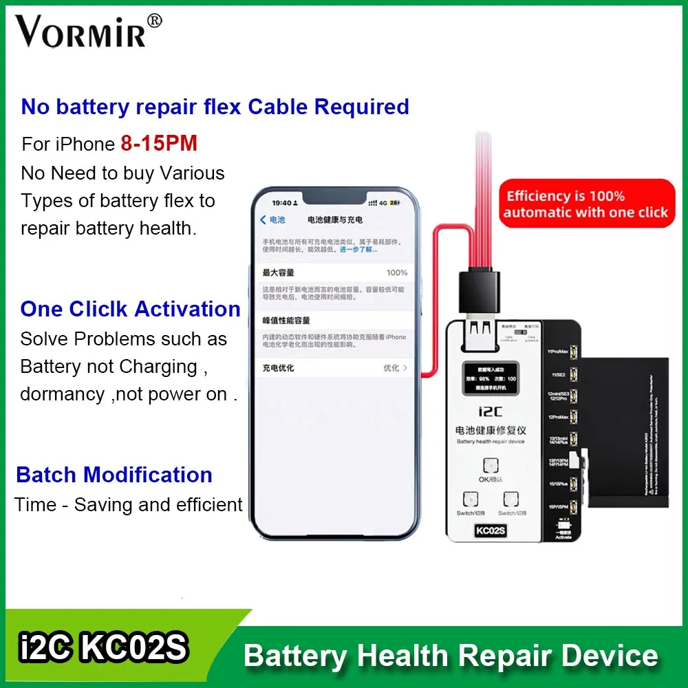 i2C KC02S Battery Calibrator Tester for iPhone 11-15PM No FPC Needed Battery Health Cycle Modify Brush-Free and Pass Diagnostics