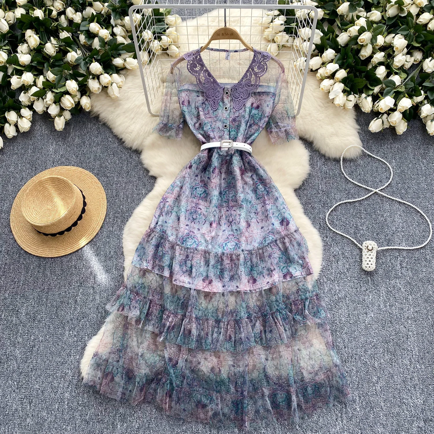 Sexy v neck print mesh sequin lace short sleeve sweet Dress Chic Vintage Evening Party Club Women Slim dresses