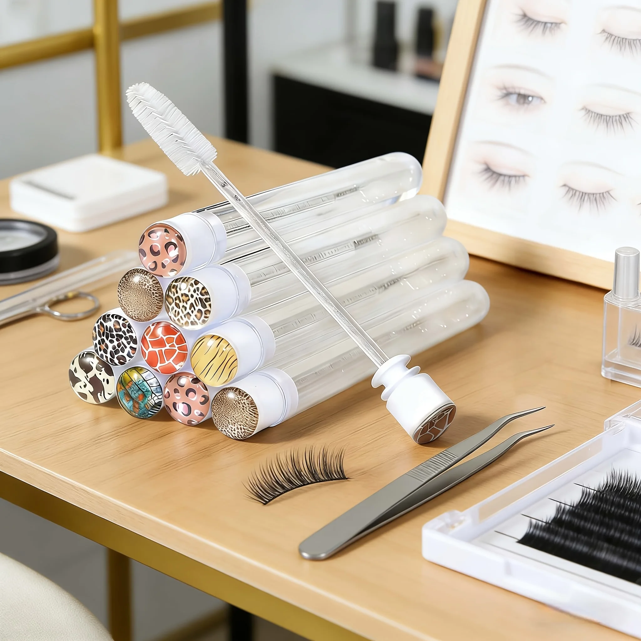 10PcsLeopard Mascara Wands Eyelash Extension Spoolies with Case, Portable Reusable Eyebrow Brush Dust-proof Tube Lash Separators