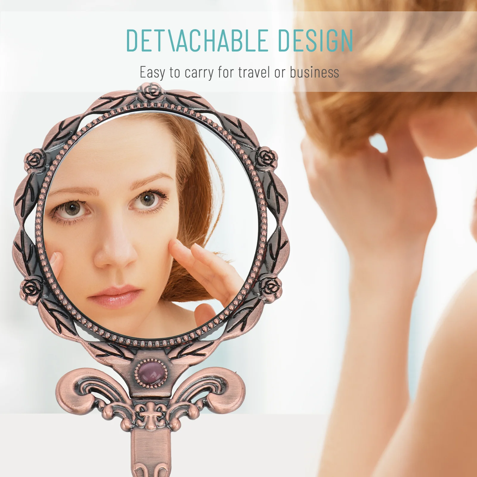 

Vintage Folding Small Handle Makeup Mirror Red Bronze Oval Style Compact Pocket Mirror Travel Makeup Accessories for Women