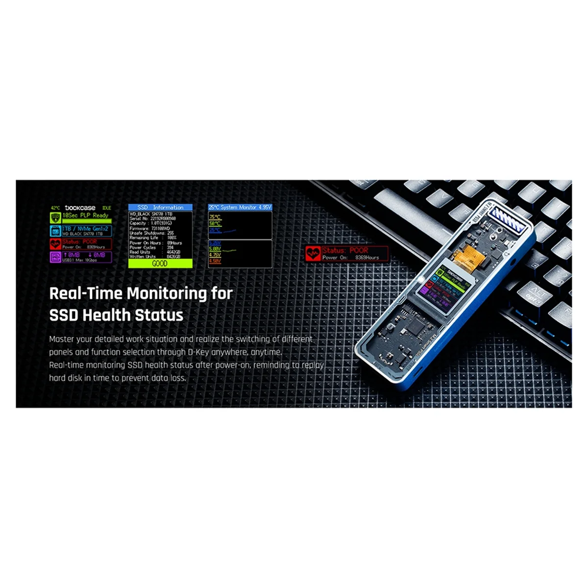 

RISEN Smart 2280 M.2 NVMe SSD Enclosure Cyber Design Explorer Edition with LCD Display Max 10GBps Type-C Black