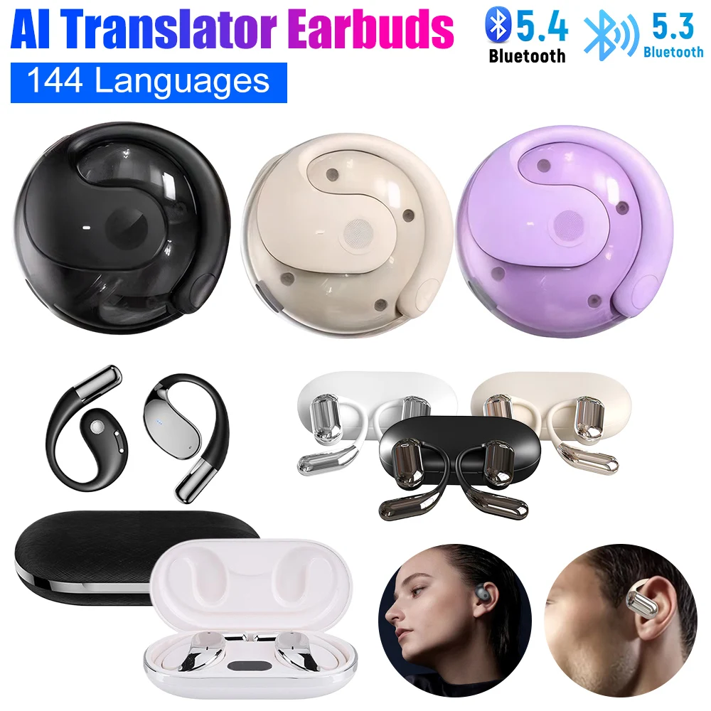 سماعات أذن لاسلكية BT 5.3 AI مترجم 144 لغة في الوقت الحقيقي مترجم الأذن معلقة سماعات أذن مفتوحة
