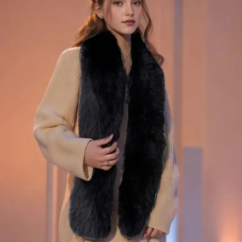 

1Pc Handmade Women's Solid Color Imitation Fox Fur Extended Scarf, Neck Scarf, Autumn and Winter Scarf, Warm and Fashionable, Decorative Scarf, Black and White, Gift-Giving, Warm,