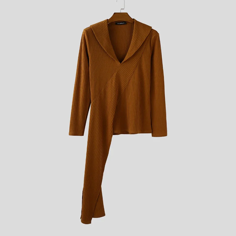 

INCERUN Мужская футболка нестандартной формы, однотонная трикотажная футболка с лацканами и длинными рукавами, уличная одежда, модные повседневные длинные стильные футболки 2025 года