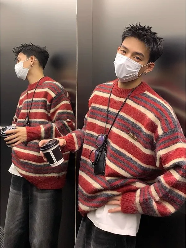 

Winter Casual Loose Men's Knitted Sweater round Ne Long Sve Stripe Color Blo Lazy Sle Couple Top Warm Comfortable