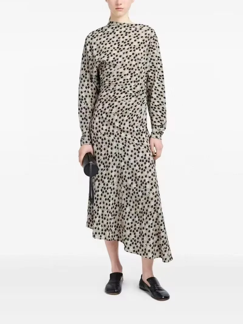 

Flower Print Women Retro Midi Dress Pleated Design Waist Long Sleeve Asymmetric Hem Vintage Ladies Robe