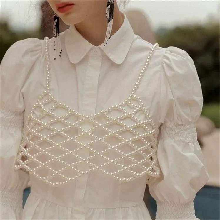 Y2K Accessories Hollow-out Pearl Geometric Bra Chain for Women Beads Sweet Fashion Cool Body Accessories 90s Aesthetic 2023 New