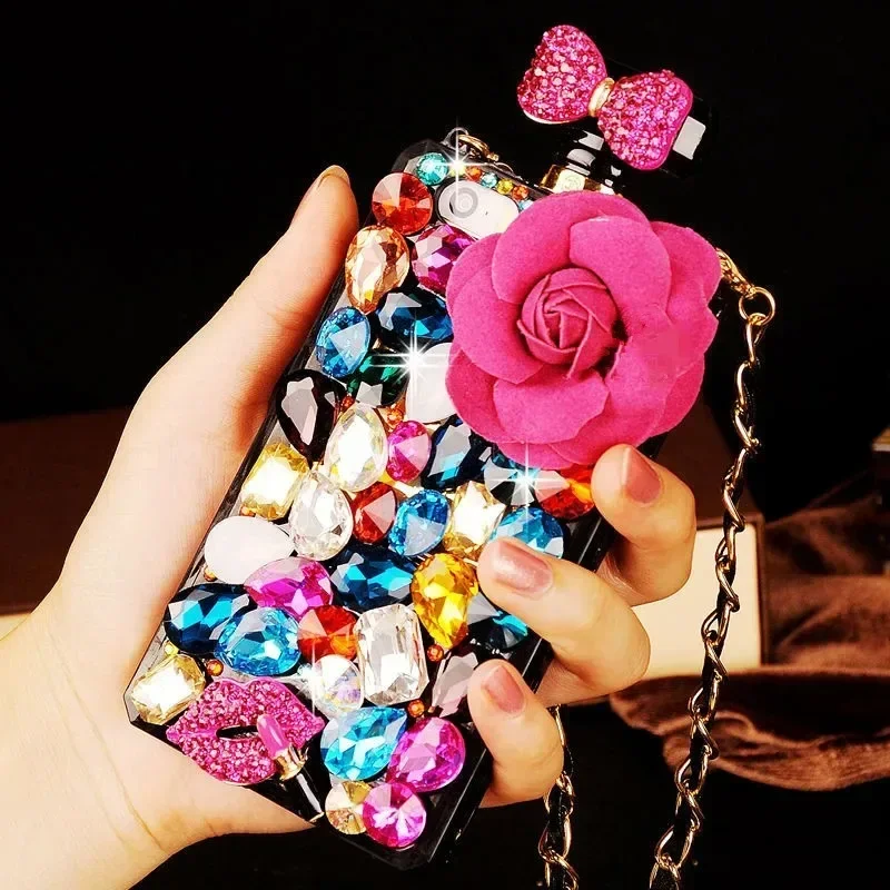 Luxury DIY Colorful Diamond Flower Perfume Bottle with Chain Lanyard Case for Iphone 14 15 13 12 16 Pro MAX XS Max XR X 16Plus