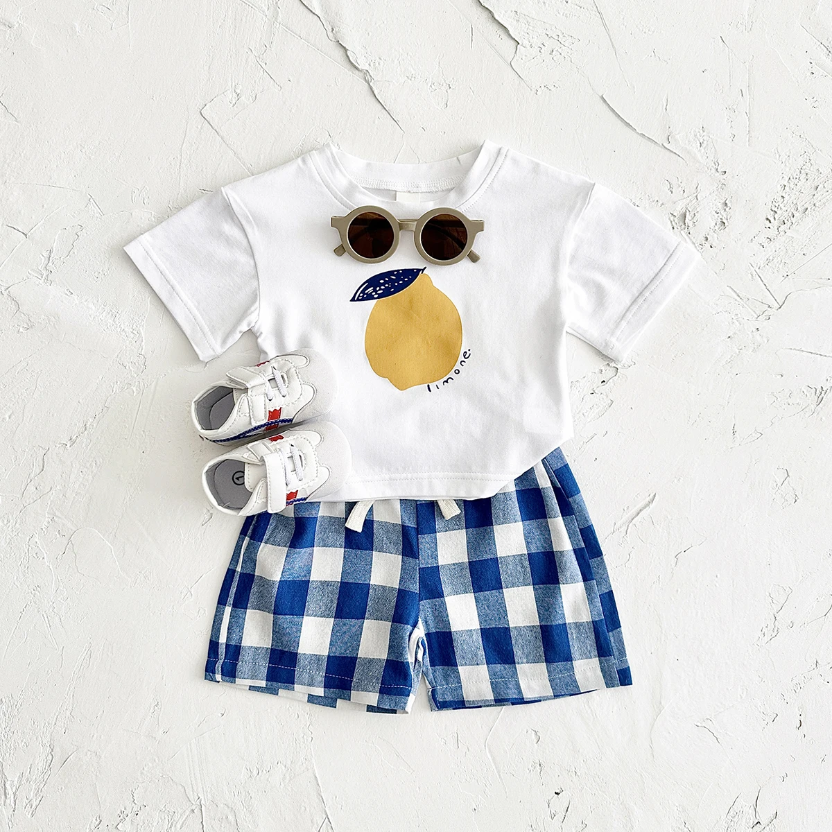 Ins Newborn Kids Clothes Boys Outifts Lemon Print T-shirt+Checkered Shorts 2PCS Crew Neck Sets Girls Summer Baby Clothing