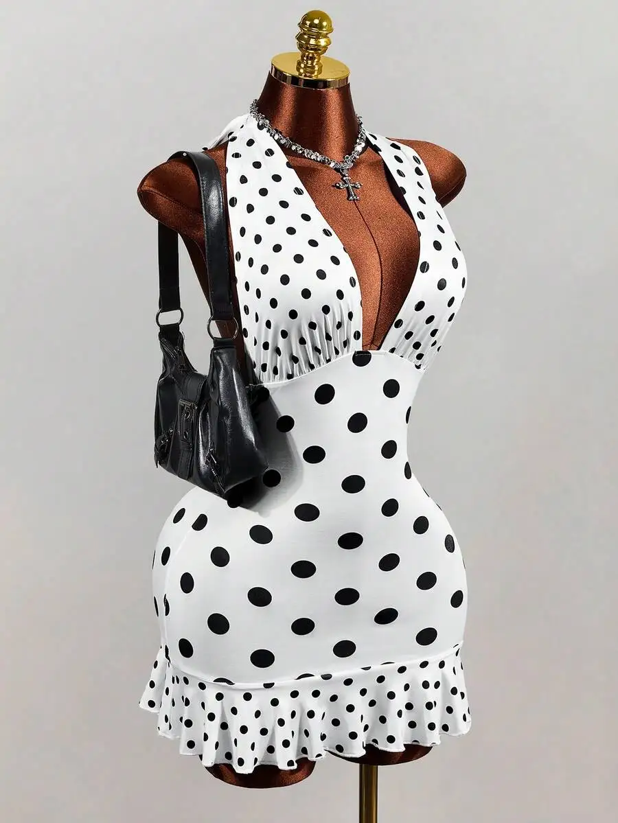 

Retro Polka Dot V-Neck Halter Backless Asymmetrical Ruffle Mini Dress For Women