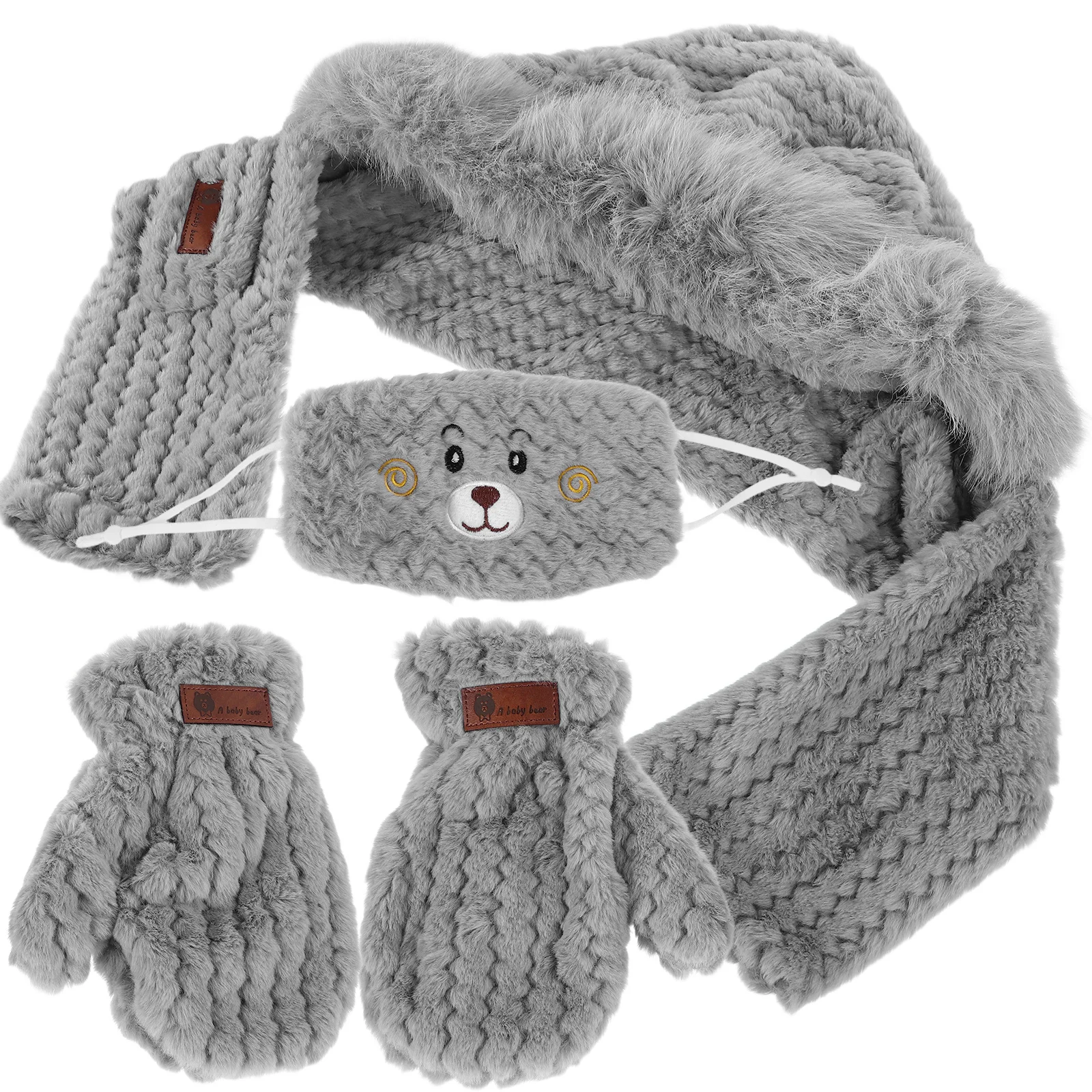 

Winter Warm Fleece Hat Scarf Mask Gloves Set Grey Ladies Scarf For Cycling Windproof Bear Ears Anti Cold Outdoor