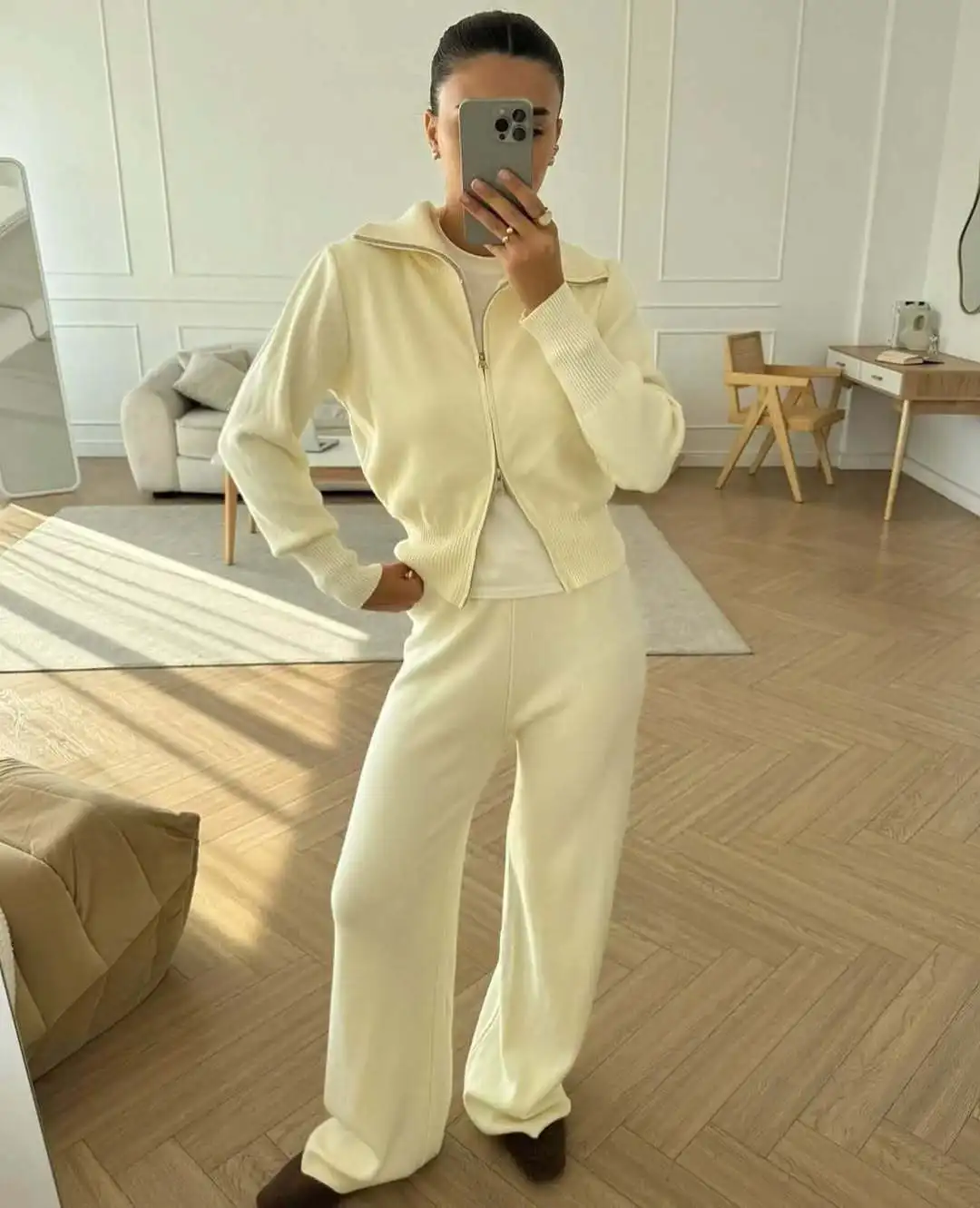 

Solid Knitted Women's Pants Sets Autumn Long Sleeve Zip-up Cardigan Sweater High Waist Simple Casual Trouser Two-piece Set New