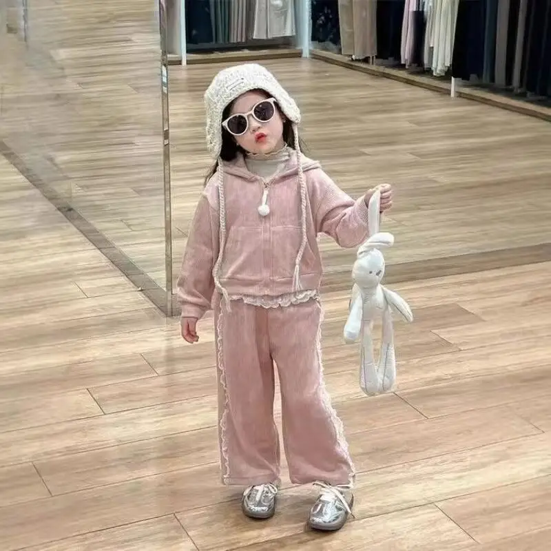 جديد 2025 مع قلنسوة للفتيات سراويل واسعة الساق مكونة من قطعتين معطف ربيع الخريف للأطفال من الدانتيل مع آذان أرنب ملابس حلوة لطيفة #4