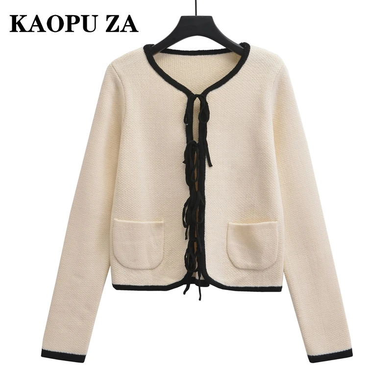 

KAOPU ZA 2024 New Women's Fashion Long Sleeve Tied Knitted Cardigans women Solid Color Comfortable Autumn Winter Knitted top