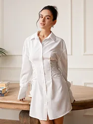 AEL Lace up Ruched Shirt Dress For Women Lapel Long Sleeve High Waist Mini Dresses Female Fashion New Clothing 2024