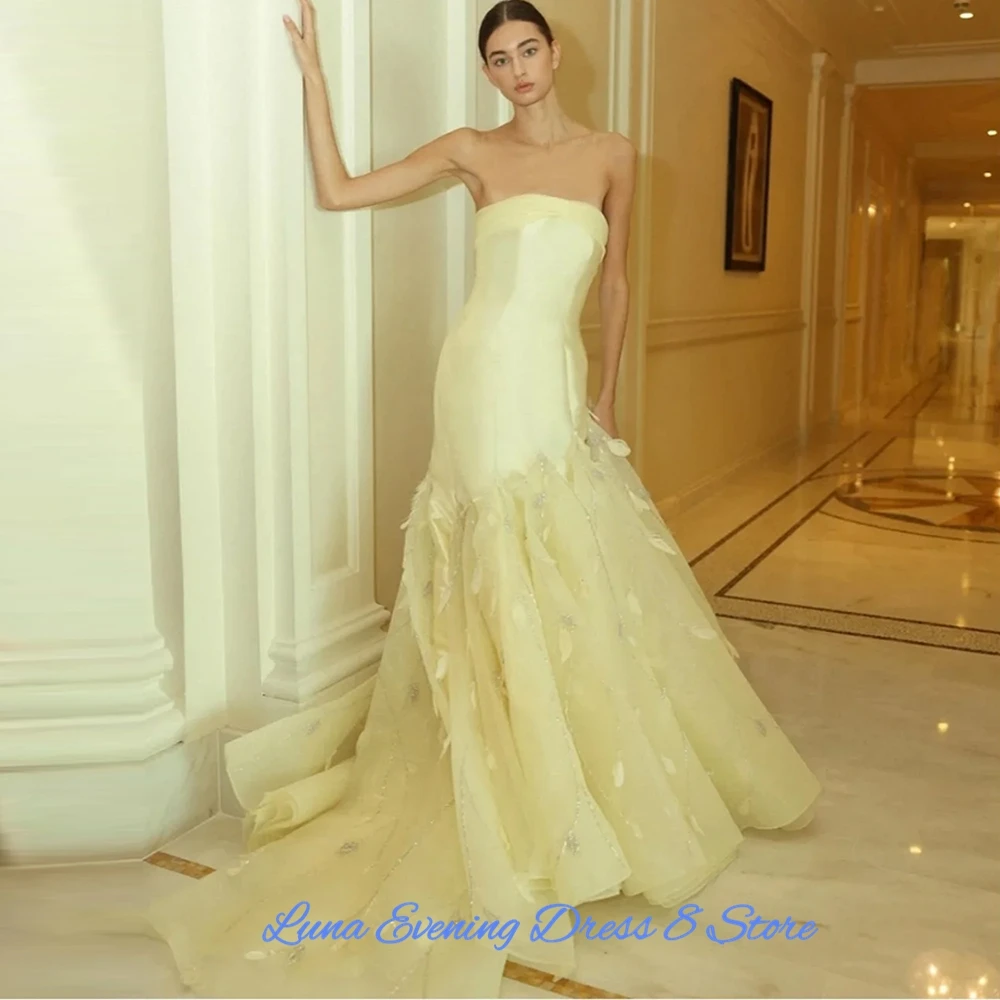 Customized  Exquisite Satin A-Line Appliques and Sequined Evening Dresses Strapless Sleeveless Panel Train Zipper Back