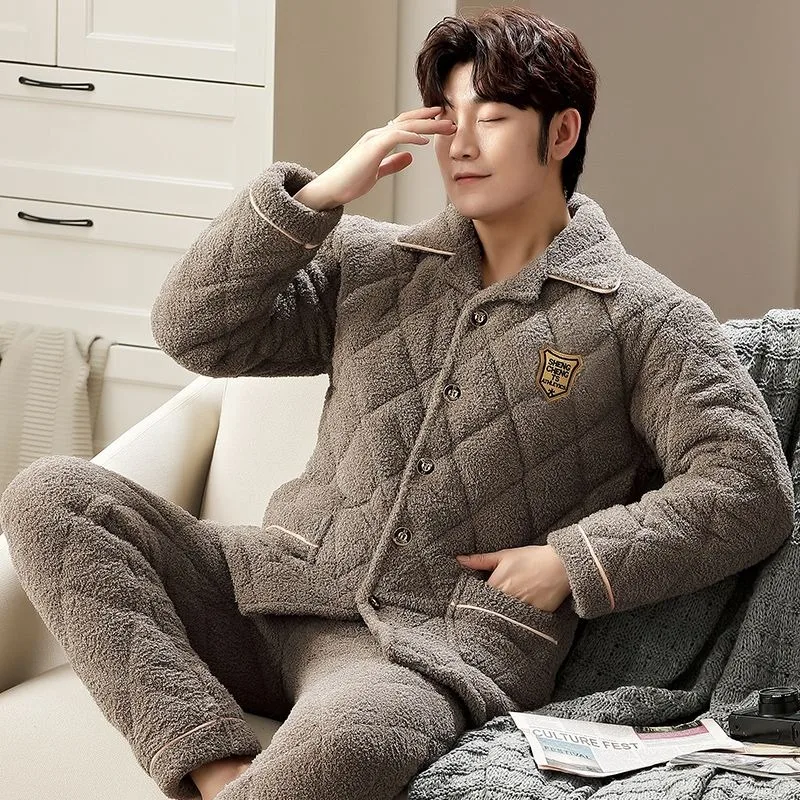 

Men's Pajamas Three Layers Cotton Padded Loungewear Winter Coral Velvet Plus Homewear Dad Flannel Home Service Suit Male Pijama