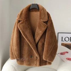 Abrigo de oso de peluche de piel Real Natural de gran tamaño para mujer, abrigo de lana cálido, chaquetas gruesas, prendas de vestir exteriores, ropa de calle suelta de invierno