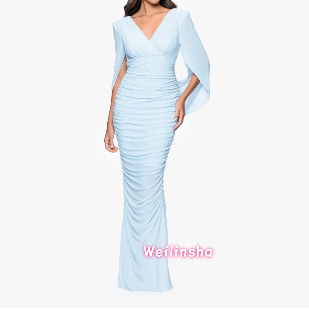 

﻿ Customized Elegant Formal Chiffon Mother Dress Blue V-Neck Mermaid Wedding Party Dresses with Cape Sleeves Bridal Party Dress