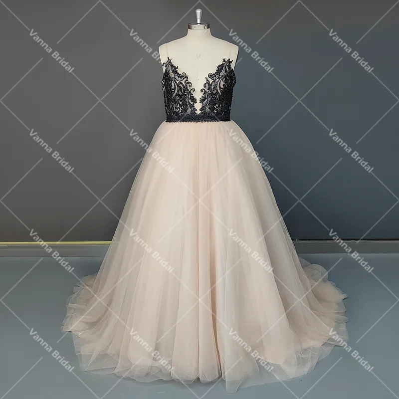 Vestido de novia de tul esponjoso, dos tonos, negro, apliques, tallas grandes, envío directo, tirantes finos, botones, espalda descubierta