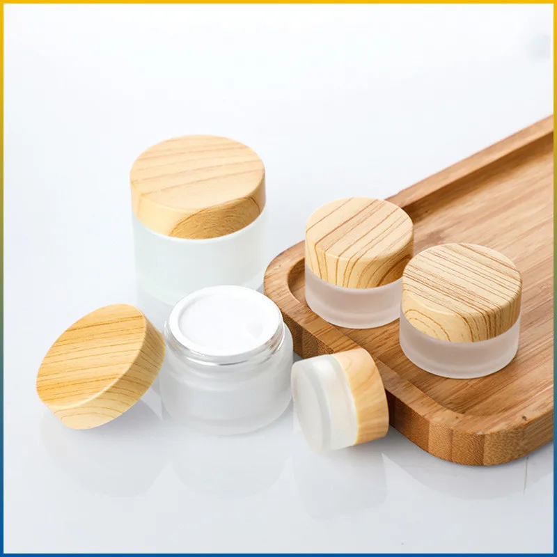 48pcs 5g-50g Frosted Glass Jar Skin Care Eye Cream Jars Pot Refillable Bottle Cosmetic Container With Wood Grain Lid