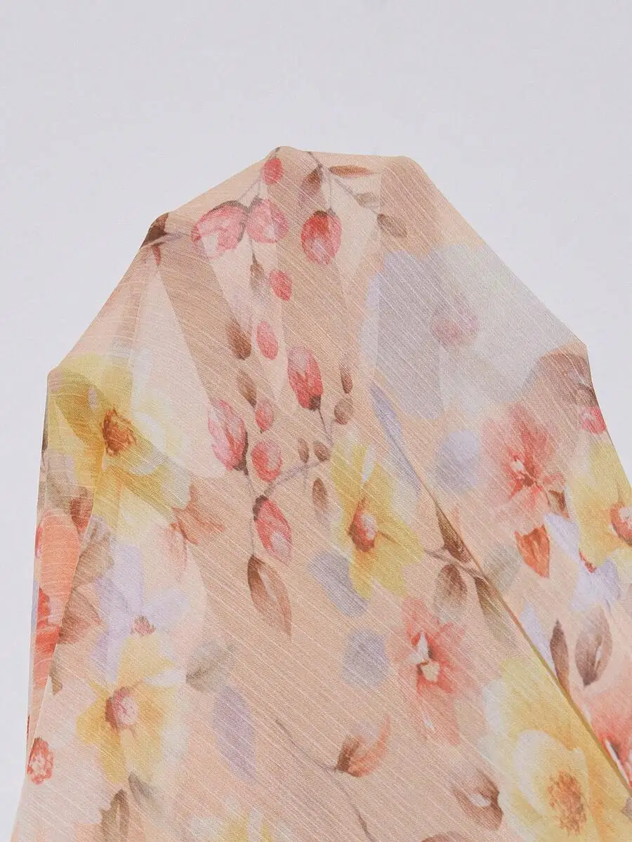 

Chiffon Floral Print Long Sleeve Dress With Shirt Collar And Ruched Waist Flowy Wide Sleeve For Spring Summer