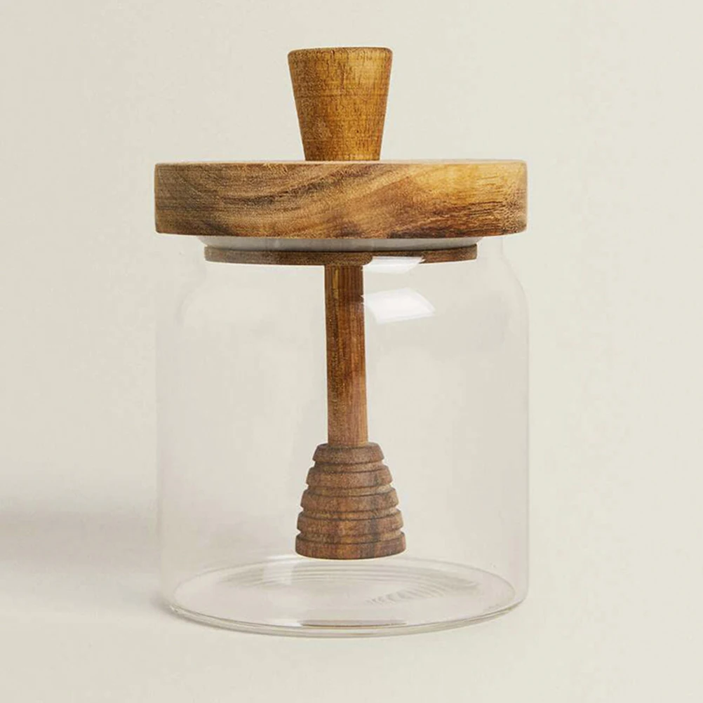 

Honey Glass Jar 500ml Wooden Lid Dispenser Container Syrup Jam Storage Kitchen Gadgets Honey Pot With Dipper Stick