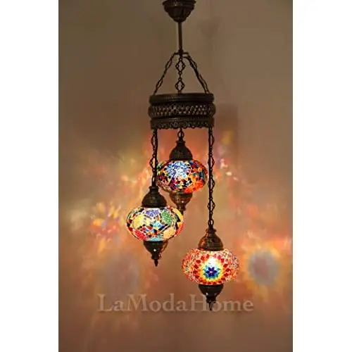 LaModaHome 35 + Unique Colors, 2020 Customizable Chandelier 3 Globes + Free 3 Bulbs, stunning Mosaic Turkish Lamp Moroccan Light