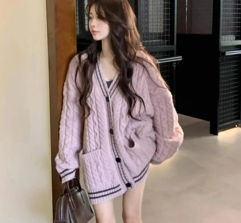 

V-neck Long Sleeve Women Loose Cardigan Sweater Fashion Autumn Winter Pockets Coats Elegant Knitted