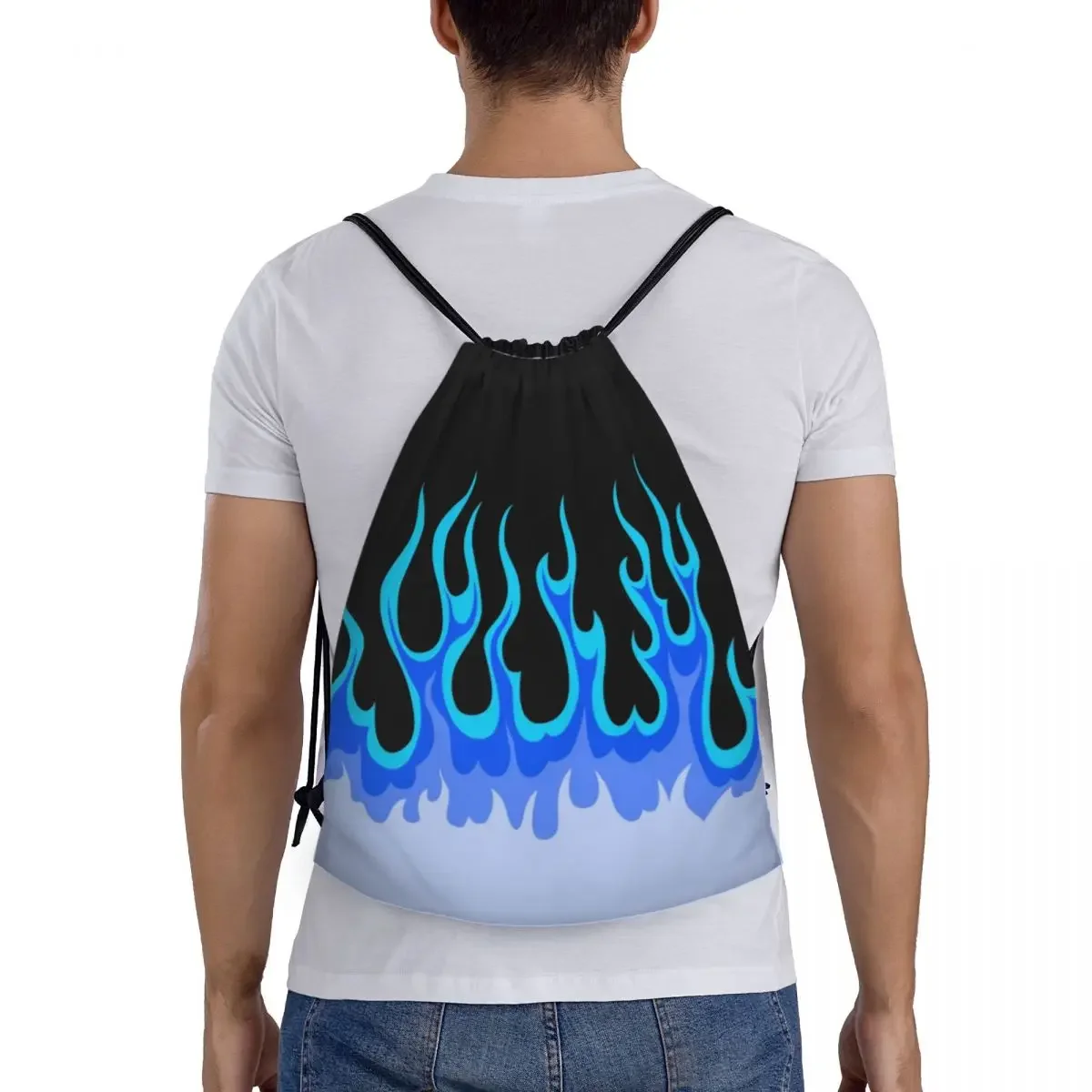 Mochila de cordão para homens e mulheres, Blue Hot Racing Flames, Gym Sport Sackpack, Foldable Shopping Bag