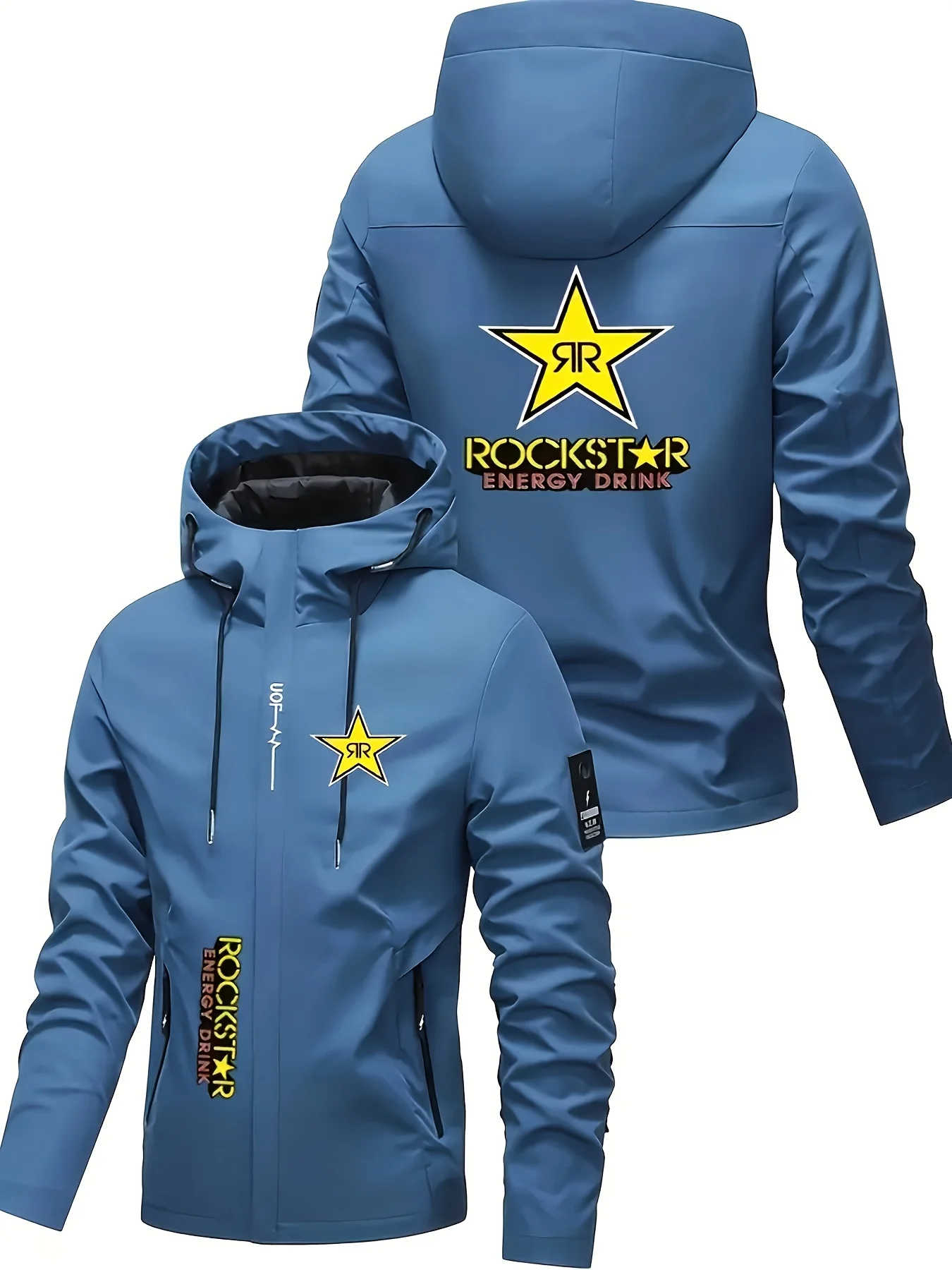 سترة بغطاء للرأس ثقيلة الوزن للرجال من Rockstar Logo - معطف بسحاب كامل مقاوم للرياح مع جيوب بسحاب ملابس خارجية للدراجات النارية في الشارع