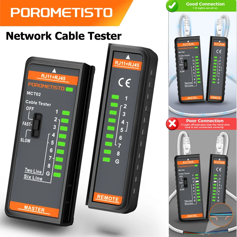 POROMETISTO MCT02 RJ45 RJ11 Tester per cavi di rete 8P/6P/4P/2P Tester per cavi schermati Linea telefonica Rilevatore di cavi di rete LAN