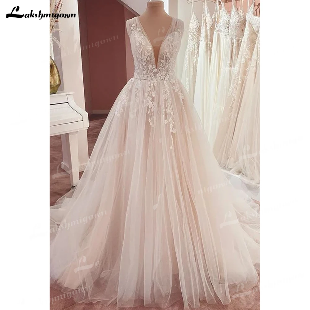 Vestido de Novia de tul de encaje con tirantes anchos y cuello en V, sin mangas, talla grande