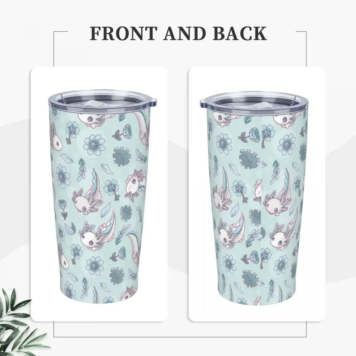 Floral Axolotl Insulated Tumbler with Straws Lid Kawaii Animal Vacuum Travel Thermal Mug Outdoor Portable Car Bottle Cup 20oz