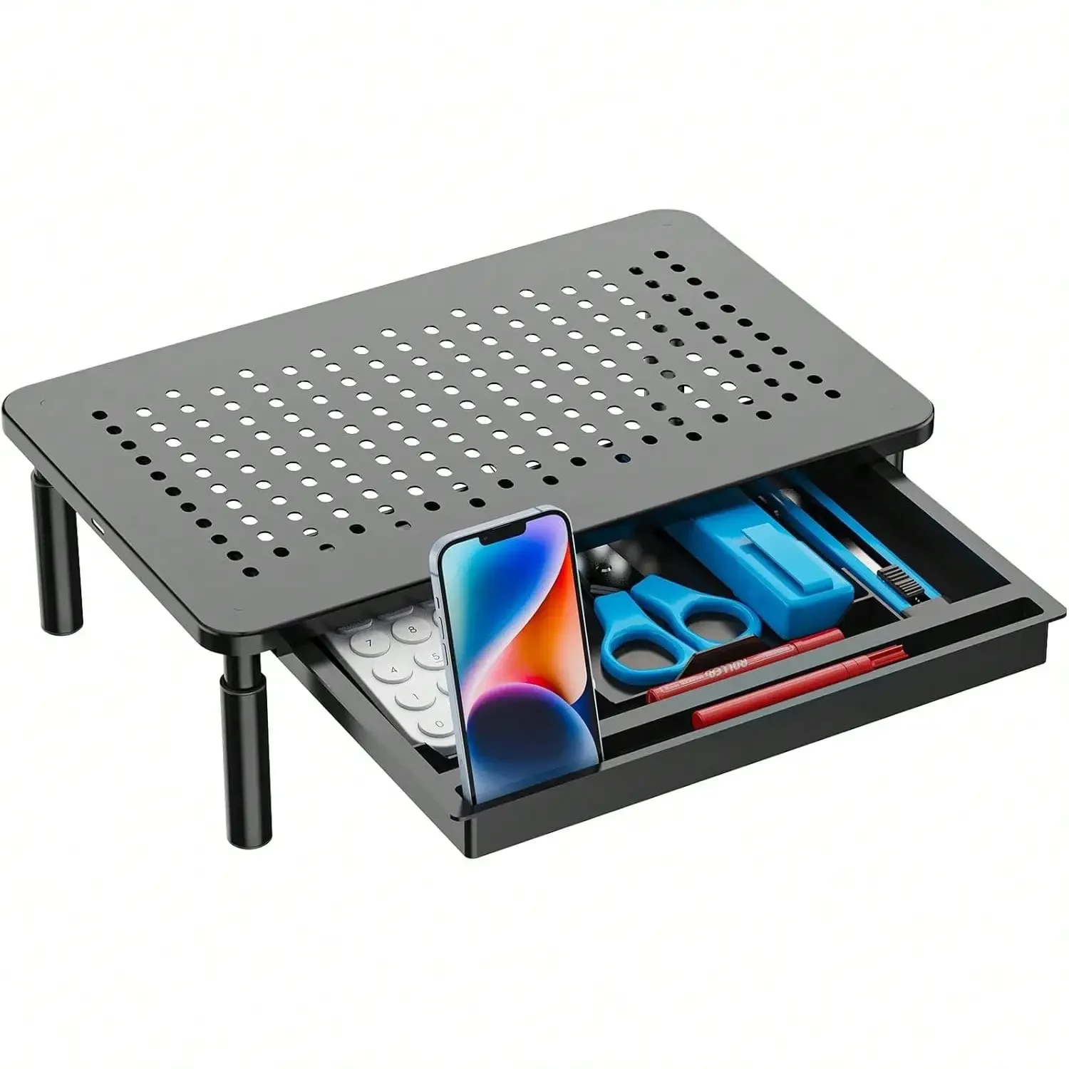 Computer Monitor Stand With Storage, Desk Monitor Riser 3 Height Adjustable, Laptop Riser With Airflow Vents, Desk Organizer For Computer, Laptop, Printer, Notebook, 1 Pack, Black