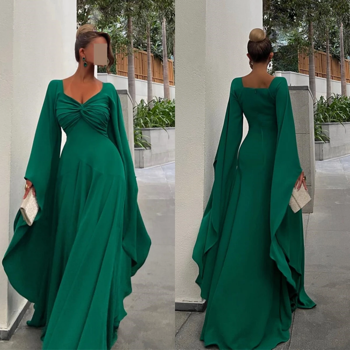 

Customized Classic Green Chiffon Evening Dress Temperament Prom Dress Long Sleeves Chapel Train Modern Special Occasion Gowns