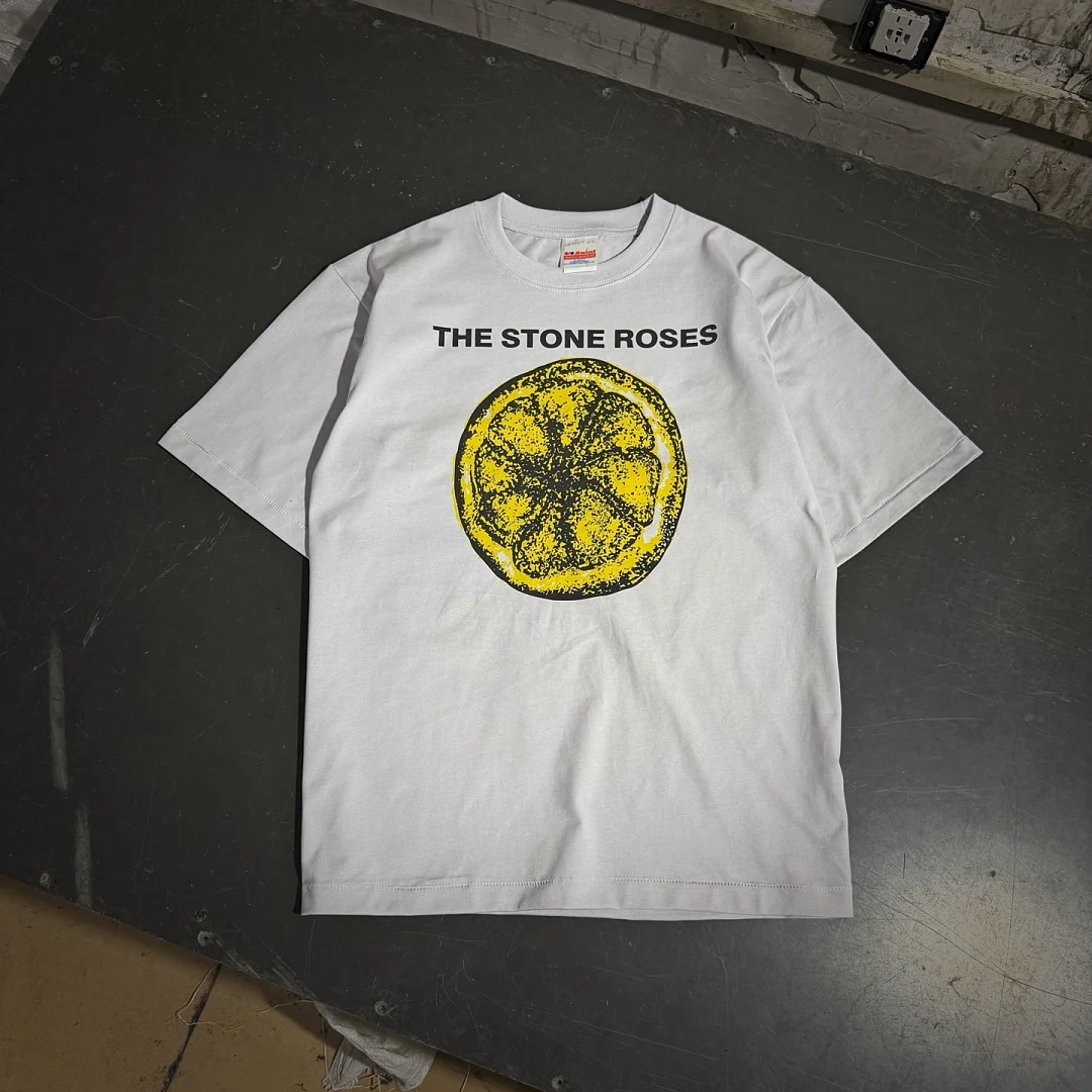 Saint Vintage White Rock Tee The Stone Roses Lemon Print Unisex Retro Oversized Casual Streetwear Cotton Short Sleeve Tops