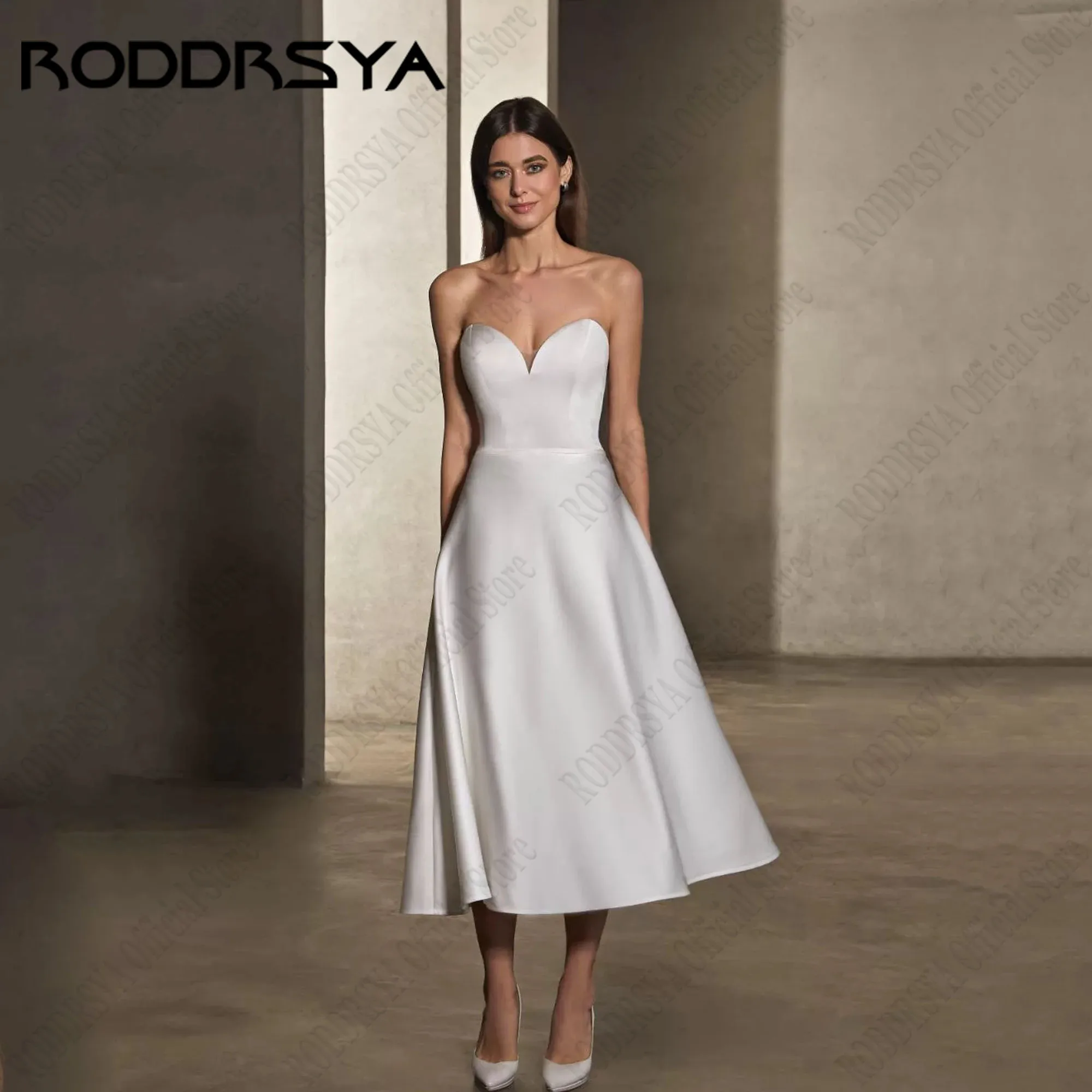 RODDRSYA A-Line Querida Vestidos De Casamento Para As Mulheres Cetim Backless Simples vestidos novias boda Tea-Length A Linha Querida Vestidos de Casamento Para As Mulheres Cetim Backless Simples vestidos novias boda T