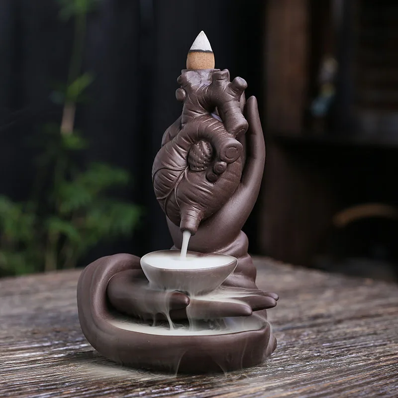 

Purple Clay Backflow Incense Burner Craft Ornament Creative American Buddha Hand Heart Sandalwood Backflow Incense Burner