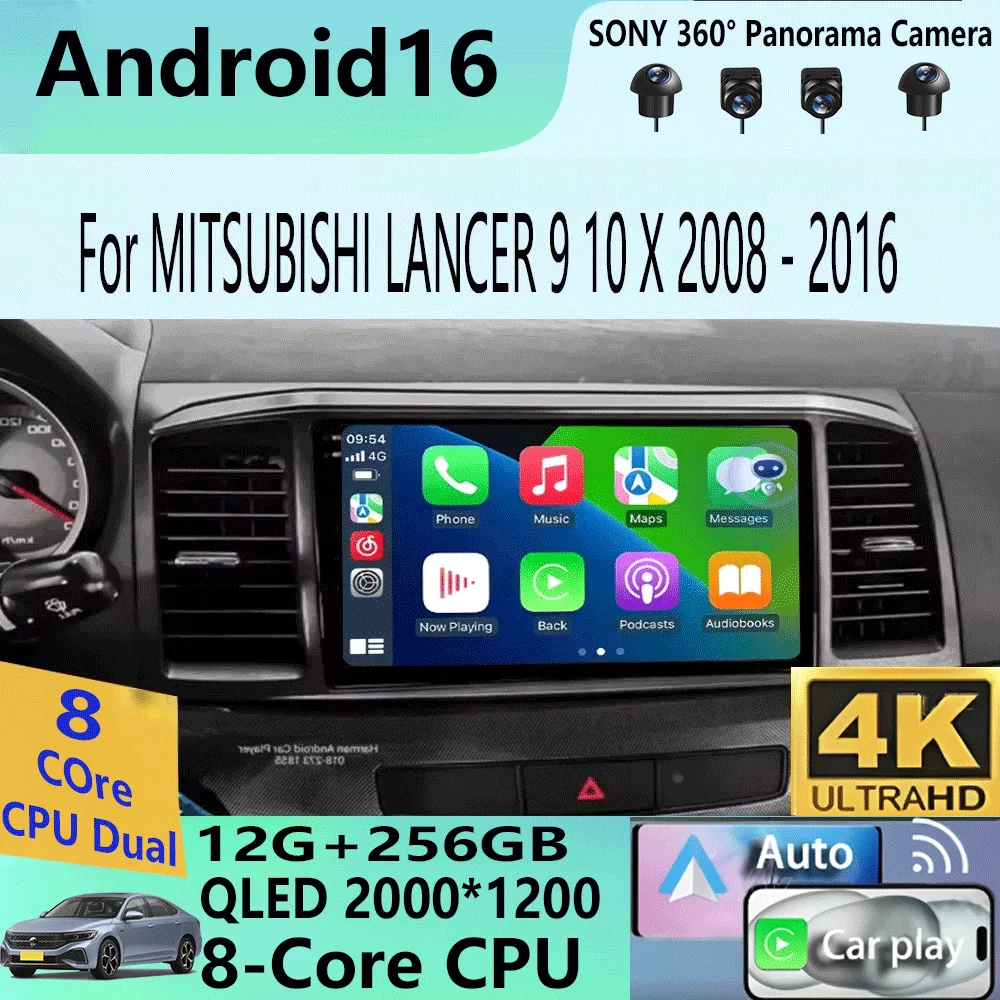 For MITSUBISHI LANCER 9 10 X 2008 2009 2010 2011 - 2016 9Inch Android 16 Car Radio Stereo Audio GPS Player Carplay Auto Screen