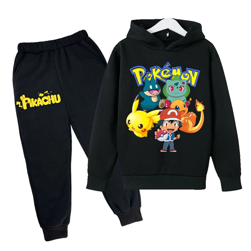 2pcs Pokemon Pikachu Hoodie Pants Suit Children Anime Sweatshirt Trousers Set Boys Girls Autumn Winter Fashion Two-piece Sets