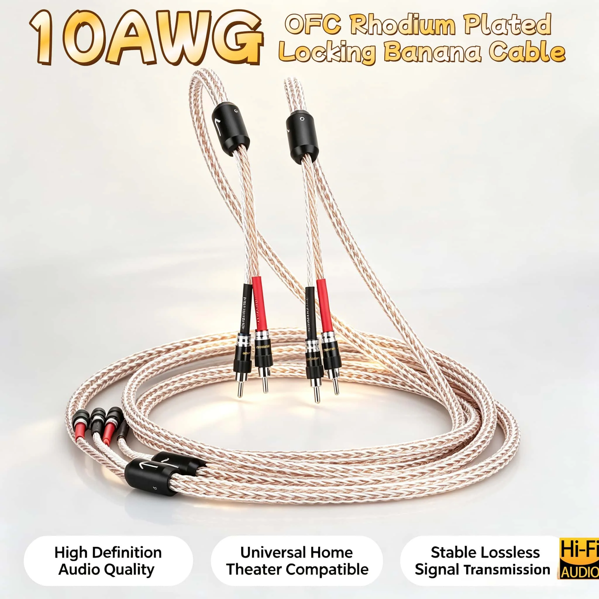 

Pair Audiocrast HiFi Speaker Wire Speaker Cable with Rhodium Plated Banana Plugs 10AWG (OFC) Speaker wire
