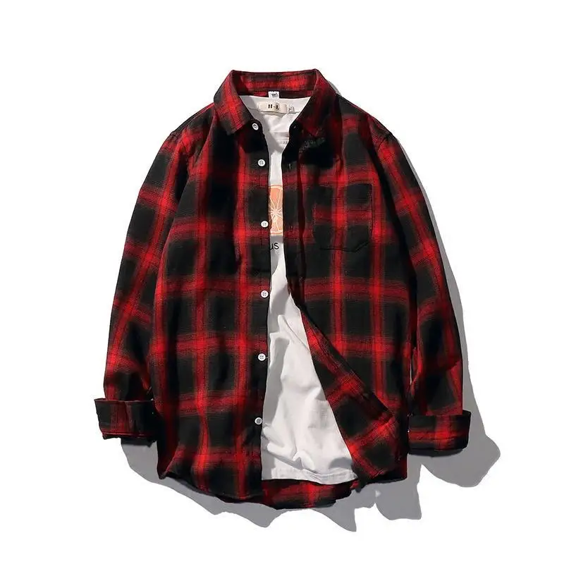 Men's Loose Red Plaid Shirt Jacket Tide Autumn Long -sleeved Casual Student Top Korean Men's Shirt Trend