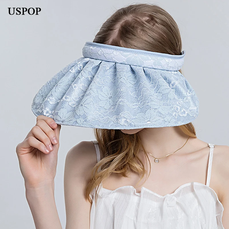 

USPOP 2022 New Summer Sun Hats Women lace wide vrim Caps Collapsible Beach Hats Sun Shade