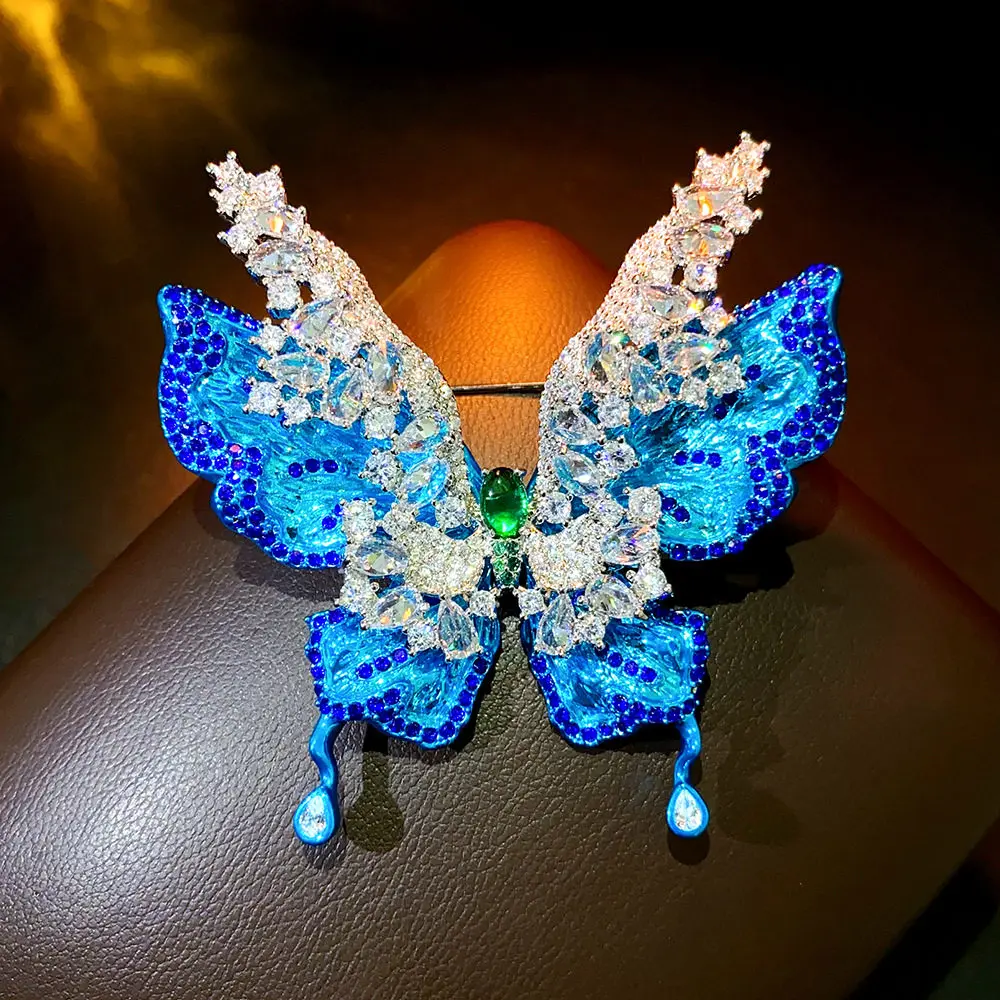 MINWEEN Luxury Double Layer Blue Butterfly Rhinestone Brooches Pins For Women Party Wedding Jewelry Gifts