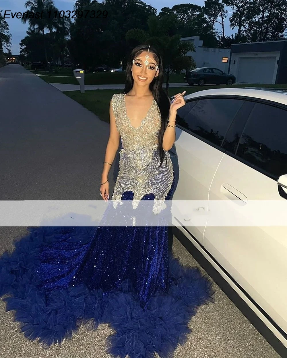 EVLAST Customized Royal Blue Prom Dress Long Celebrity Shiny Crystal For Black Ruffles Mermaid Party Wear Robe De Soiree TPD09