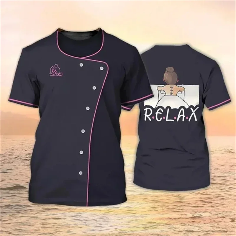 2025 Summer clothing 3D printed T-shirt uniform beauty salon work clothes oversized clothing